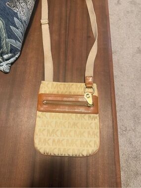 Michael Kors Beige and Tan MK Logo Crossbody Bag
